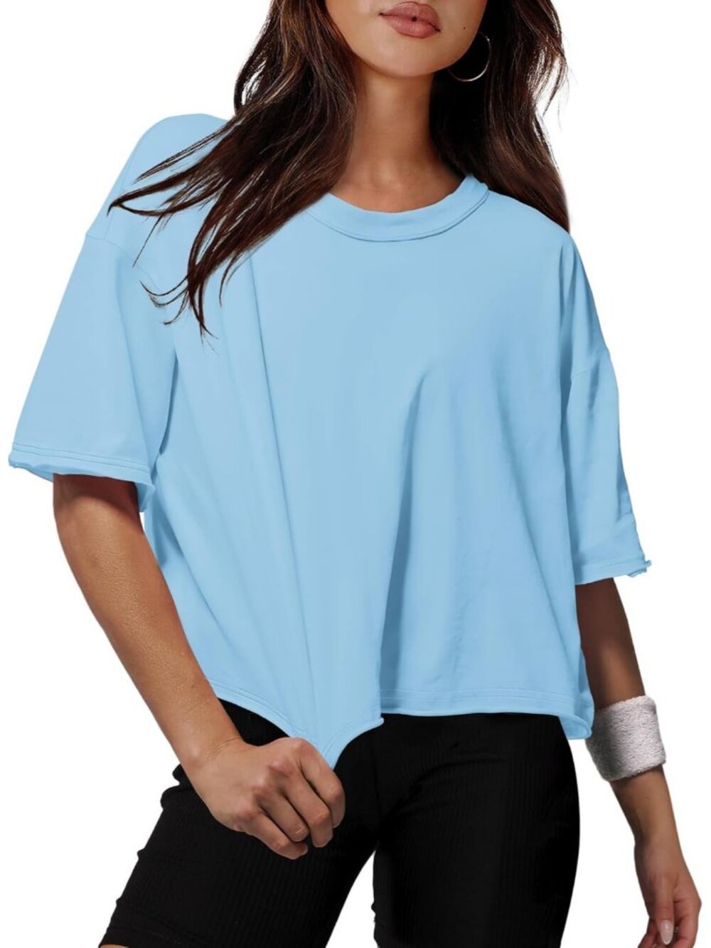 Women's Light Blue Crew Neck Casual Crop Tops Short Sleeve Basic Tees Shirts
